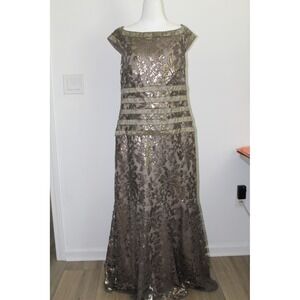 Tadashi Shoji Olive Gold Floral Sequin Lace Boat Neck Evening Gown MOB MOG Sz 16